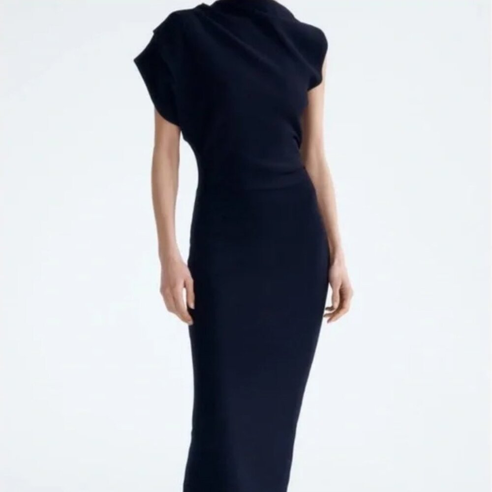 ZARA Asymmetric Sleeve Knit Dress Navy Blue